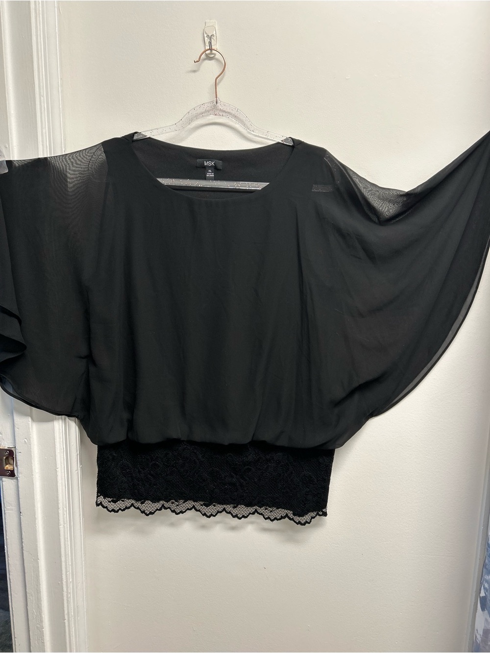 MSK Black Sheer Dolman Sleeve Blouse with Lace Hem